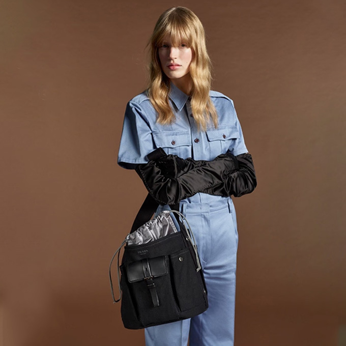 prada route mini canvas and leather bucket crossbody bag